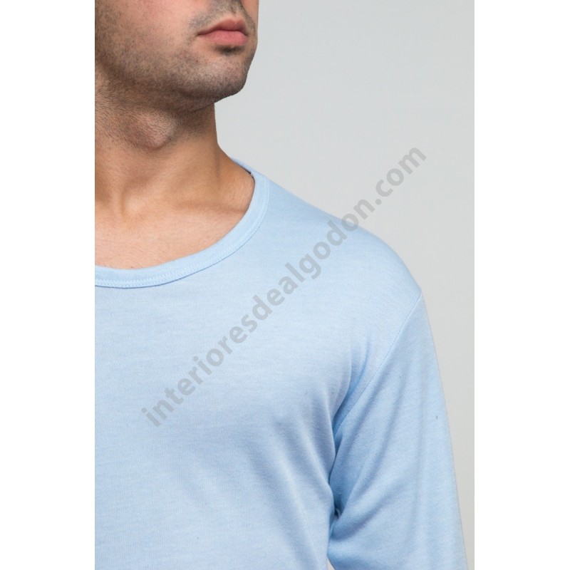camiseta interior manga larga azul celeste, hombre chico, algodón térmica, felpa, afelpada frío invierno