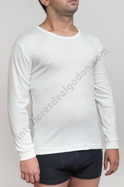 camiseta interior térmica algodón, afelpada, felpa, manga larga cuello redondo para hombre, blanco, blanca. frío invierno.