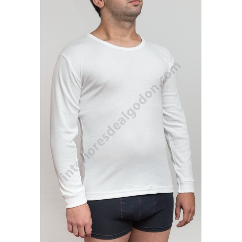 camiseta interior térmica algodón, afelpada, felpa, manga larga cuello redondo para hombre, blanco, blanca. frío invierno.