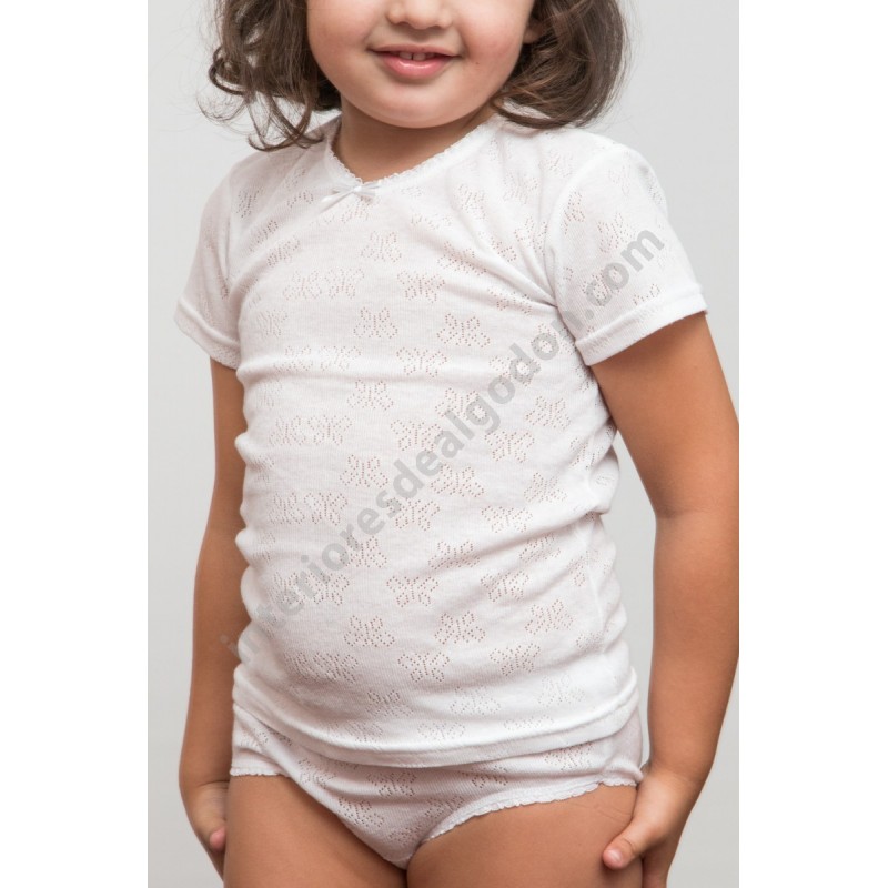camiseta interior de algodón para niña, manga corta cuello pico, calada, verano, algodón,