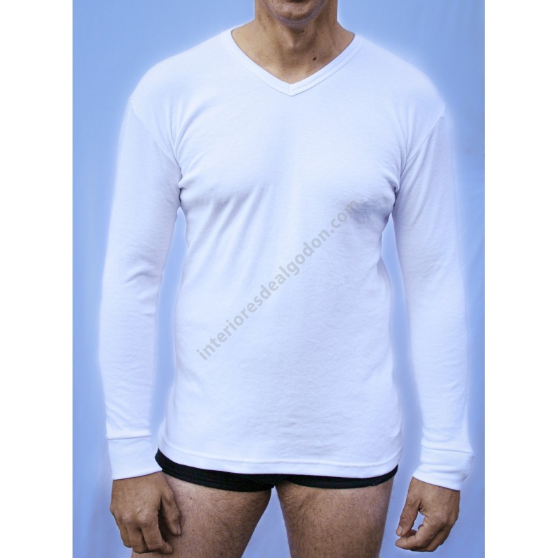 camiseta manga larga algodón felpado, cuello pico para hombre, frío invierno plabelpunt sporting fabricado en España
